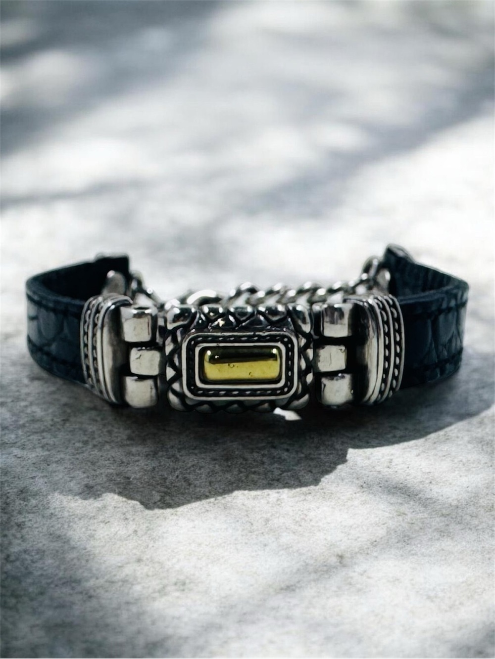 Vintage Brighton Silver, Gold Black Leather Bracelet